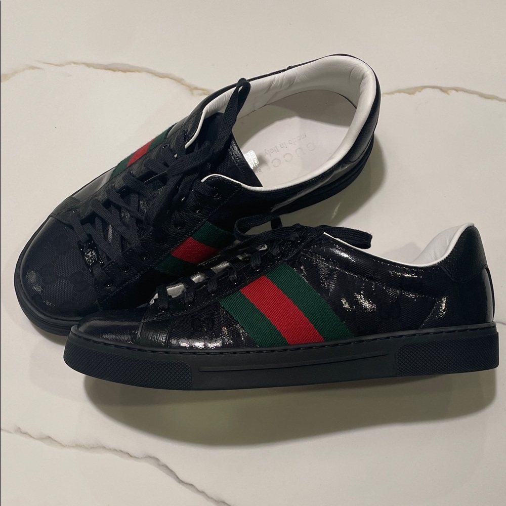 Gucci NWT Men's Patent Black Leather Ace Sneakers w/ Red & Green Stripes 9.5US - Picture 3 of 16